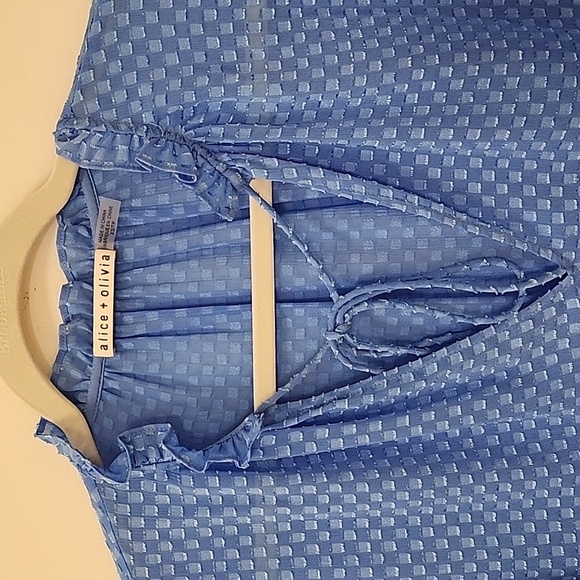 Alice + Olivia Julius Ruffle Peasant Blouse Blue Top Solid  Swiss Dot Ties  XS - Picture 11 of 17